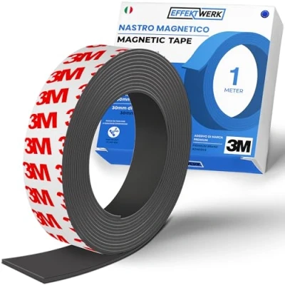 Immagine di EFFEKTWERK Rotolo di nastro magnetico (1 metro), strisce magnetiche extra spesse e larghe con forte supporto autoadesivo, facile da tagliare attaccare su superfici piane