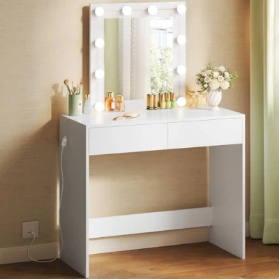 Immagine di WOLTU Toeletta da Trucco con Specchio, Tavolo Make Up 10 Lampadine LED e 2 Cassetti, Postazione Salvaspazio in Legno, 80x39,5cm, Bianco, MB6101ws