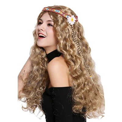 Immagine di WIG ME UP 91298 ZA7 Parrucca Donna Uomo Carnevale Halloween Figlio Die Fiori Hippy Anni 60 e 70 Lunga Castano Chiaro Ondulata Riga in Mezzo Fascetta Fronte Fiore