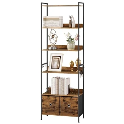 Immagine di WOLTU Libreria a 5 Piani con 2 Cassetti, Scaffale di Stoccaggio Pavimento, Industriale, Struttura in Acciaio, Soggiorno/Ufficio/Studio/Cucina/Camera da Letto, Marrone Rustico+Nero, RGB62vbn