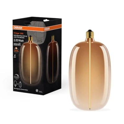 Immagine di OSRAM Vintage 1906 Big Elipse Oval è una lampada LED dimmerabile con un filamento a forma di ellisse. Offre 4,8 W per 200 lm, attacco E27, vetro tea brown, diametro 145 mm, CRI 80, 1800 K.