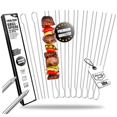 Immagine di com four® 10x spiedini per Barbecue con Manico Doppi da 30 cm in Acciaio Inox 430 shashlik Doppie Punte Fissare Carne (10 Pezzi Ovale Inox)