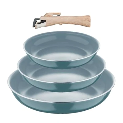 Immagine di BERGNER CLICK&amp;COOK Set 4 padelle (18+20+24 cm) con manico staccabile Alluminio riciclato pressato Rivestimento PPG Fusion Compatibile l&#039;induzione Verde