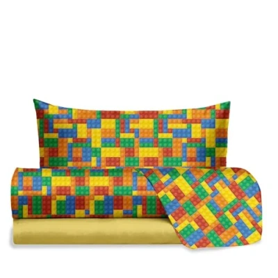 Immagine di hermet Jolly, Set Lenzuola Letto Singolo Bricks Mattoncini Lego, 100% Cotone, Lenzuolo Sopra + con Angoli Federa, Completo Fantasia Cameretta