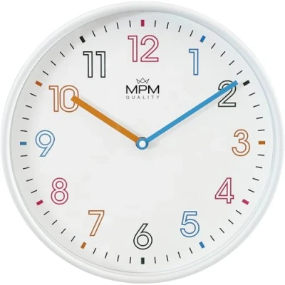 Immagine di MPM Quality Orologio da parete per bambini colorato Joanna, in plastica di colore bianco, con numeri pastello, ∅ 300 mm, movimento al quarzo e scorrevolezza (Sweep), vetro minerale, arabi
