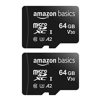 Immagine di Amazon Basics MicroSDXC, Adattatore SD, A2, U3, velocità di lettura fino a 100 MB/s, 64 GB (confezione da 2), Nero