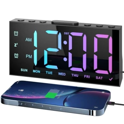 Immagine di LIORQUE Sveglia da Comodino, Digitale con Ampio Display LED a 8 Colori, Doppi Allarmi, 5 Livelli di Regolazione della Luminosità, Modalità Fine Settimana, Snooze, DST, 2 Porte Ricarica USB