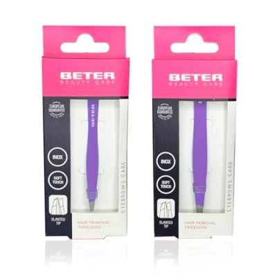 Immagine di Beter Confezione da 2 pinzette professionali per sopracciglia, punta obliqua, finitura soft touch, acciaio inossidabile