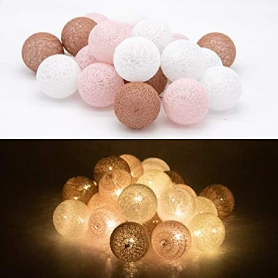 Immagine di TRONJE Ghirlanda Luminosa con 20 LED Sfere di Cotone Ø6 cm 3,8 m Fata Luci a Batteria Catene Palline Luminose 4h Timer Marrone Rosa