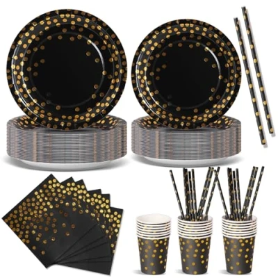 Immagine di Nkaiso Stoviglie per Feste 120 Pezzi Nero Oro Festa della Addobbi Ragazza di Compleanno dei Dambini Posate Set Include Piatto USA e Getta Carta Party Tovaglioli 24 Ospiti