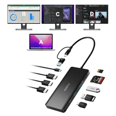 Immagine di Splitter USB 3.0 a HDMI Display esteso, adattatore KOZYC A/C triplo HDMI, hub 9 in 1 con 3 3.0, slot per schede SD/TF e porta PD da 100 W, compatibile Mac M1/M2/M3, HP