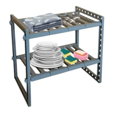 Immagine di MAKA Scaffale Sottolavello per Stoviglie Ripiano Sotto Lavandino Cucina Bagno Mobile Allungabile Modulabile Salvaspazio Porta Spugne Piatti Sapone Asciugamani 2 Ripiani Organizer (Grigio)