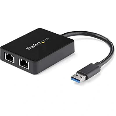Immagine di StarTech.com Adattatore USB Ethernet doppia Porta RJ45, Convertitore 3.0 a 10/100/1000 Mbps, Pass through integrata, Dongle USB, di Rete LAN Gigabit, USB32000SPT