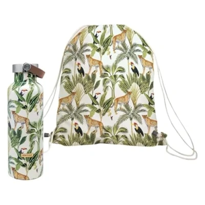Immagine di NERTHUS FIH 959 SET bottiglia doppia parete Sport + Zaino, design Giungla, da 750 ml con manico