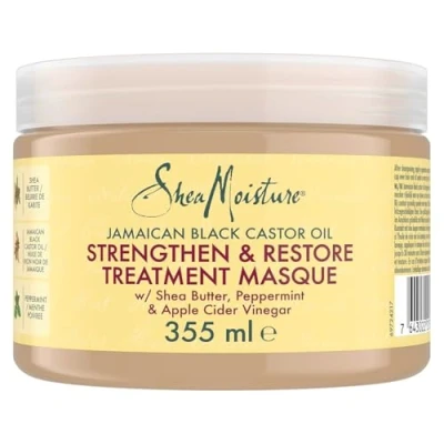 Immagine di SheaMoisture Maschera per capelli Strengthen &amp; Restore con Olio di Ricino Nero Giamaicano e Burro Karité trattati sfibrati, senza solfati 1 x 355 ml