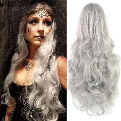 Immagine di Parrucca argento bianco per donne, lunghe e ricce argentate, cosplay, feste in maschera, grigio importato fibra sintetica resistente al calore