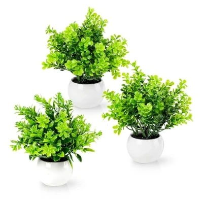 Immagine di PASCH® Set di 3 piante artificiali come reali (18 cm) in vasi ceramica bianca, piccole vaso, mini pianta artificiale vaso