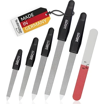 Immagine di Set Di Lime Per Unghie In Zaffiro Marqus 6 Pezzi Con Tampone A 3 Vie Acciaio Inossidabile, Doppia Faccia Naturali Manico Antiscivolo Bianco Kit La Cura Delle