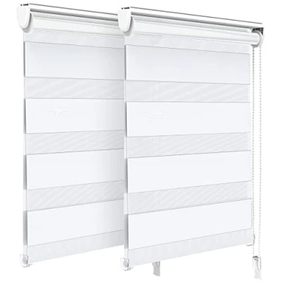 Immagine di VOUNOT Set di 2 Tenda a Rullo Doppia Strato Oscurante Giorno e Notte, Catenella Laterale, Bande Trasparenti Opache, Interno Zebra Blinds Bianco, 55 x 150 cm