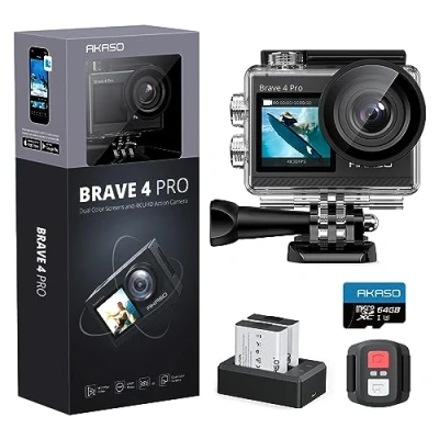 Immagine di AKASO Brave 4 Pro Action Cam 4K 40M con Scheda di Memoria U3 da 64GB, Videocamera 20MP WiFi 170 Grandangolare Doppio Schermo EIS Stabilizzazione, Touch Screen, 5x Zoom