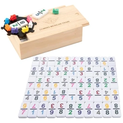 Immagine di Engelhart 250126 Domino Treno Messicano D9 Versione Numeri 55 Pezzi di Spessi 8 mm + Treni Colorati Stazione 2 a 4 Giocatori