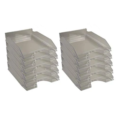 Immagine di Exacompta Cod.12327D Confezione da 10 Vaschette portacorrispondenza Ecotray Office per formato A4+ Impilabili Capacità 500 fogli 80 gr Dimensioni : 34,5 x 25,5 6,5 cm Grigio traslucido