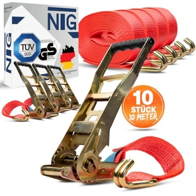 Immagine di 10 cinghie di tensione da 5000 kg, m, con cricchetto Ergo e gancio, certificate TÜV/GS, a cricchetto, 2 pezzi, fissaggio per camion, 50 mm