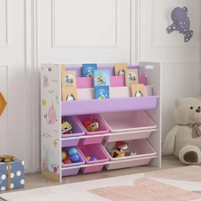 Immagine di [en.casa] Scaffale per Cameretta con Contenitori Morbidi a Scaletta Libri e Vaschette Porta Giochi Mobile Misura di Bimbi 78x86x27 cm Decorazione Oceano
