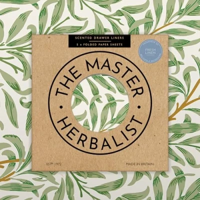 Immagine di The Master Herbalist Fodere profumate per cassetti in fresco lino con design William Morris (piegati) Confezione da 5 fogli Contiene oli essenziali Prodotto nel Regno Unito