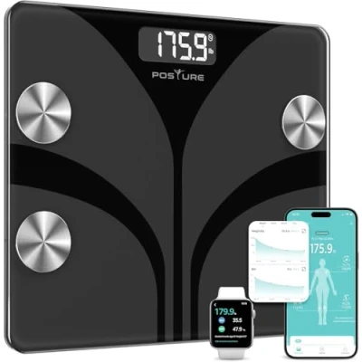 Immagine di bilancia pesapersone digitale intelligente wireless per il bagno BMI, peso, analizzatore di composizione corporea con piattaforma in vetro temperato grande LCD retroilluminato