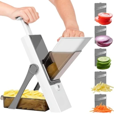 Immagine di Mandolina Affettatrice di Verdure Professionale, per Sicura Cucina, Spessore Regolabile Patate, Tritatutto Verticale Cipolle Grigio