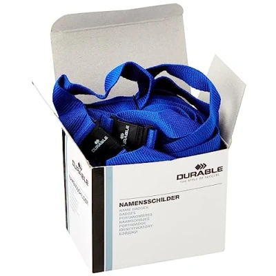 Immagine di Durable 813707 Cordoncino in tessuto, clip per combinazione con i portanome asola, larghezza 20 mm, lunghezza 44 cm, blu, confezione da 10 pezzi