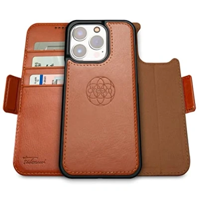 Immagine di dreem Fibonacci compatibile con iPhone 14 Pro custodia a portafoglio/custodia antiurto 2 in 1 e folio pelle vegana staccabile, MagSafe, protezione RFID [Caramello]