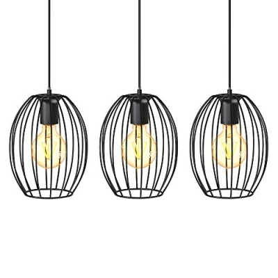 Immagine di B.K.Licht Lampadario vintage, adatto per 3 lampadine E27 non incluse, largo 70cm, alto 112cm, lampada a sospensione con paralumi filo, metallo nero