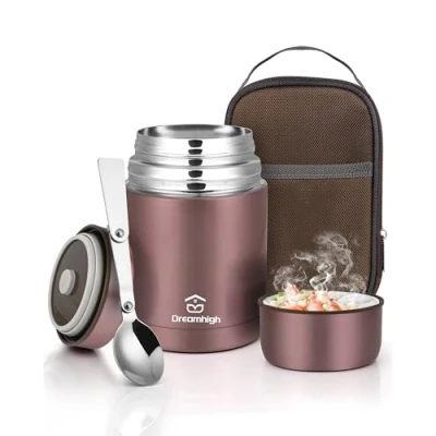 Immagine di Dreamhigh® Termos per Alimenti 800 ml, Contenitore Termico Caldi, Thermos Pappa Neonati Acciaio Inossidabile con Sacchetto Isolante e Cucchiaio, Portavivande Zuppa, Pasta (Rosa)