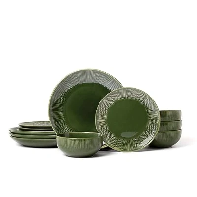 Immagine di Mikasa Jardin Set di piatti da 12pz in gres per 4 persone con portata, piccolii e ciotole, verde Confezione regalo lavabile lavastoviglie