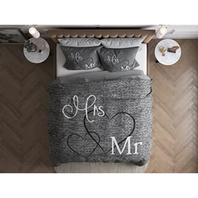 Immagine di SleepTime Copripiumino Cotone Mr. And Mrs. 3, 200cm x Una Piazza E Mezza, Con 2 Funda De Almohada 80cm 80cm, Grigio