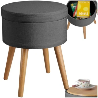 Immagine di TecTake 800836 Sgabello Imbottito con Effetto Lino, Mobile Rotondo, Pratico Scompartimento Interno, Solide Gambe in Pino Feltrini, Costruzione Stabile (Grigio Scuro)