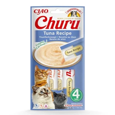 Immagine di INABA Churu Snack per Gatti Cremoso con Tonno 1 Pack (4 Stick x 14gr) Cibo da Leccare, Sano e Delizioso Gatto Senza Conservanti o Coloranti Artificiali, Grain Free