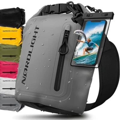 Immagine di Nordlight Dry Bag Sacca Impermeabile + Custodia per Cellulare Chiusura Arrotolabile, Tracolla Zaino Stagna Borsa Spiaggia, Canoa, SUP, Immersioni Grigio, 5 Litri