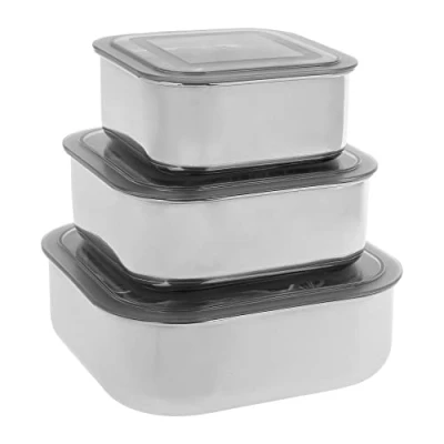 Immagine di Equinox 530872 Set di 3 contenitori per alimenti in acciaio inossidabile, ermetici, quadrati con coperchio plastica, capacità 600 ml, 900 1500 ml