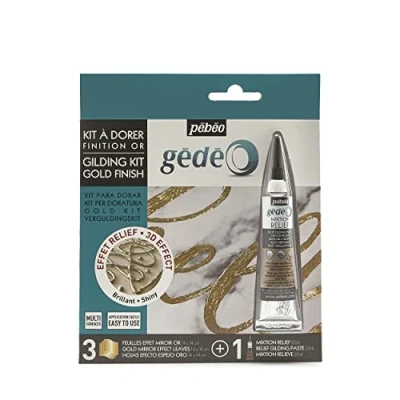 Immagine di PEBEO Kit per doratura in Rilievo, 20 ml + 3 Fogli Effetto Specchio Dorato, Legno Metallo, Oro, foils, unità