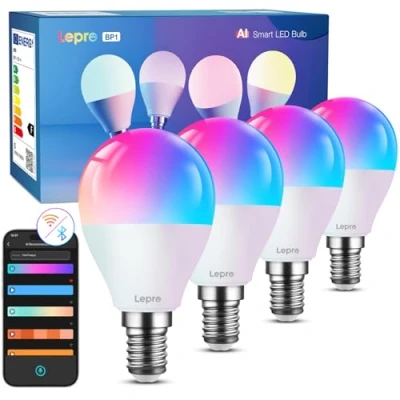 Immagine di Lepro BP1 AI Lampadina LED G45 E14 Smart,Lampadine 4.9W 470LM Dimmerabile LLM,Magic Color RGB,Compatibile con Alexa/Google, Controllo Vocale/APP,Musica Sync per Festa,WiFi e Bluetooth, 4 pezzi
