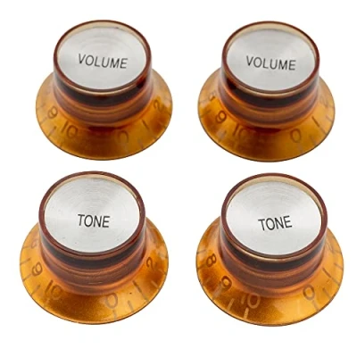 Immagine di Musiclily Pro Metrica Manopole Reflector 2 Volume Tono Top Hat Knobs Set per Chitarra Elettrica Epiphone Les Paul SG, Ambra con Argento (Set di 4)