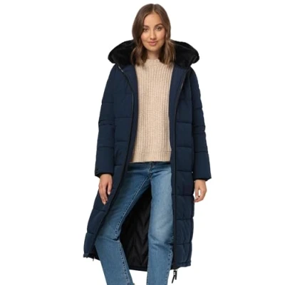 Immagine di Navahoo Giacca invernale da donna, lunga, trapuntata, calda, con colletto in pelliccia, cappuccio B990, blu navy, XL