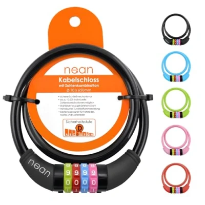 Immagine di Nean, cavo spiralato con lucchetto per la bicicletta dei bambini, serratura a combinazione numerica, colorato, 10 x 650 mm (nero)