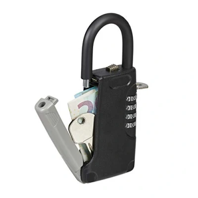 Immagine di Relaxdays Lucchetto Portachiavi con Combinazione a 4 Cifre, Cassetta Cassaforte di Sicurezza Keysafe per Esterni, Nera