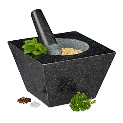 Immagine di Relaxdays Mortaio con Pestello, XXL, in Granito, per Erbe e Spezie, 750 ml, 6,75 kg, Pietra Lucida, 12x19,5x19,5cm, Nero