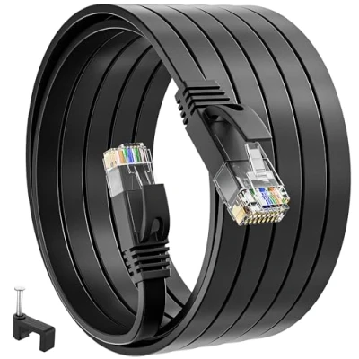 Immagine di Cavo Ethernet 10 Metri, Cat 6 Lan Piatto Internet ad Alta Velocità 1000mbit/s Gigabit di Rete Rj45 UTP Patch Nero 10m per Router Modem