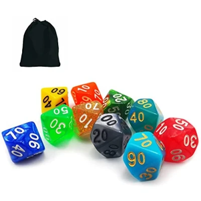 Immagine di Bescon 10pcs Set of Polyhedral D% Dice(00 90), 10 Count Assorted Random Multi Effected&amp;Colored Pack in Drawstring Pouch